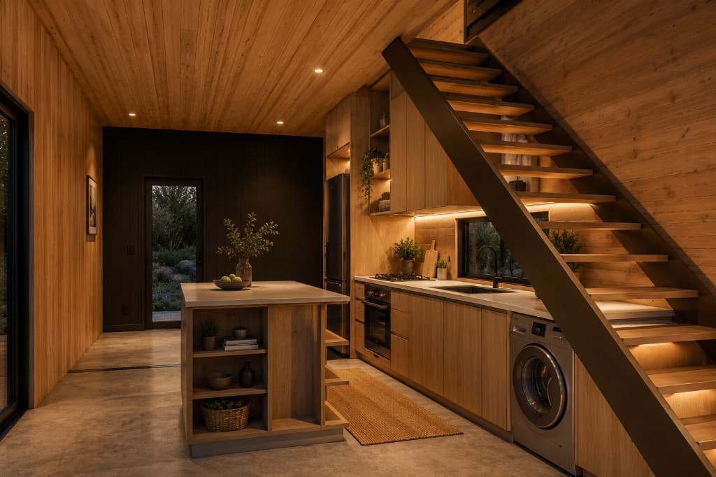 SOF96 ground floor — timber kitchen, concrete flooring, and illuminated staircase