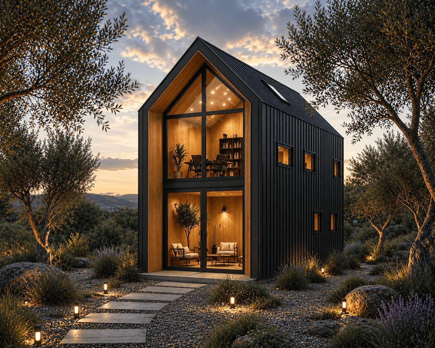 SOF96 modular space — black aluminium exterior with warm wood interior at dusk in an olive grove
